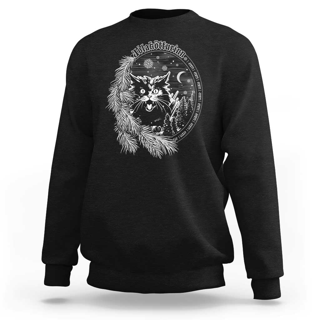 Black crewneck sweatshirt with white cat mistletoe holiday graphic print on chest.