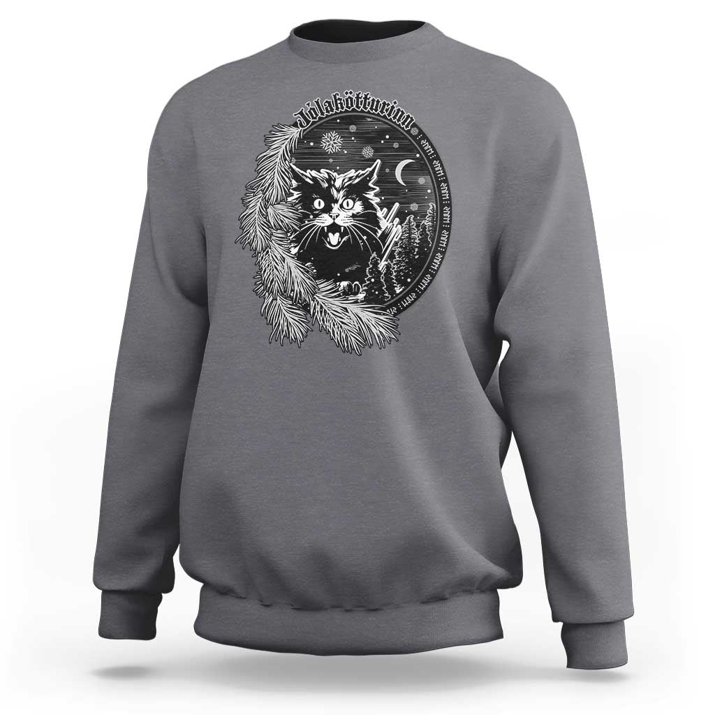 Charcoal gray crewneck sweatshirt with white cat mistletoe holiday graphic print on chest.
