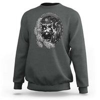 Dark heather gray crewneck sweatshirt with white cat mistletoe holiday graphic print on chest.