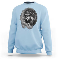 Light blue crewneck sweatshirt with white cat mistletoe holiday graphic print on chest.