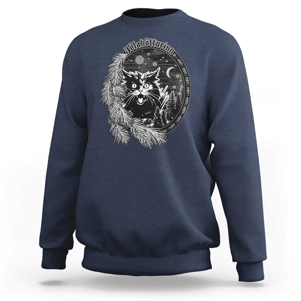 Navy crewneck sweatshirt with white cat mistletoe holiday graphic print on chest.
