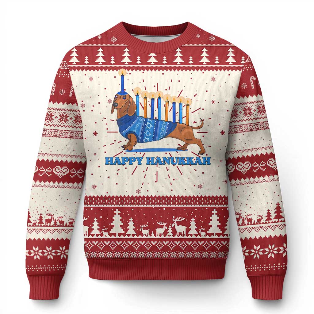 Red and cream Hanukkah dachshund sweater with menorah candles and Happy Hanukkah text