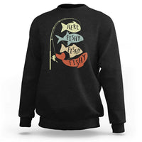 Black fisherman sweatshirt with retro “Here fishy fishy” fish graphic, crew neck