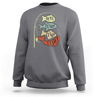 Charcoal fisherman sweatshirt with retro “Here fishy fishy” fish graphic, crew neck