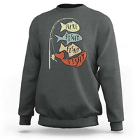 Dark heather fisherman sweatshirt with retro “Here fishy fishy” fish graphic, crew neck