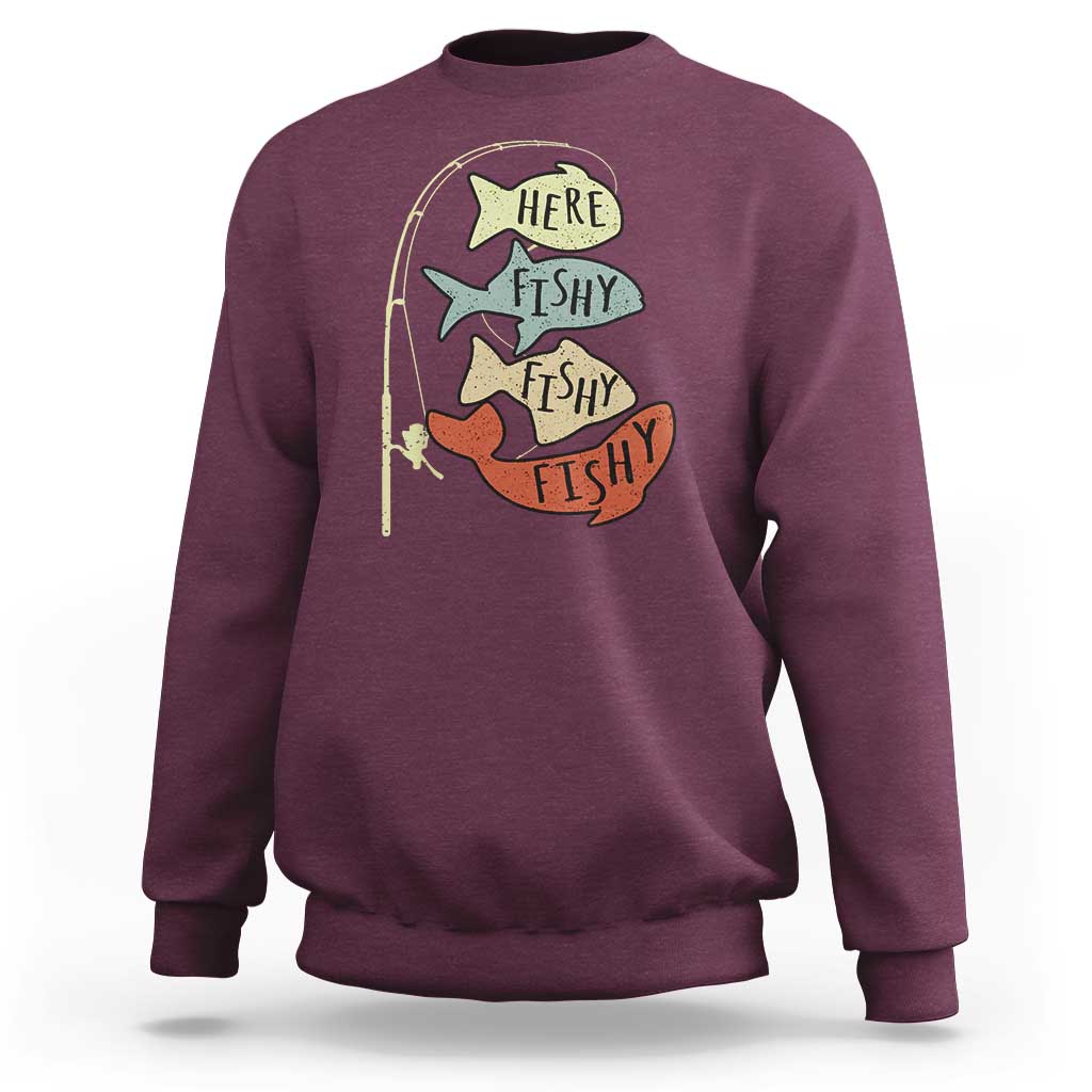 Maroon fisherman sweatshirt with retro “Here fishy fishy” fish graphic, crew neck