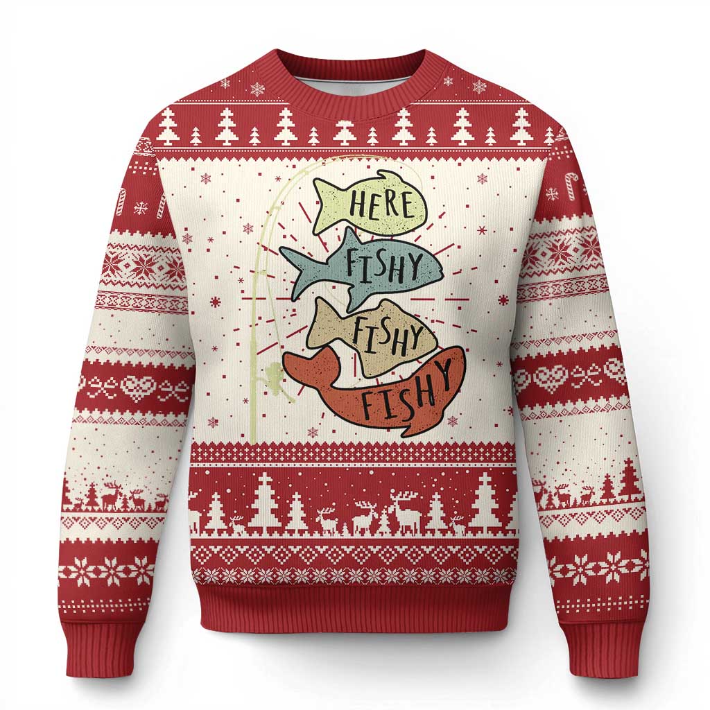 Red retro fisherman ugly Christmas sweater with fish graphic and festive tree patterns.