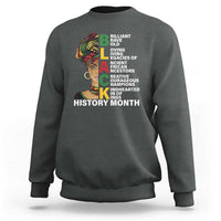 Charcoal gray heather crewneck sweatshirt with multicolor African-inspired portrait and History Month text