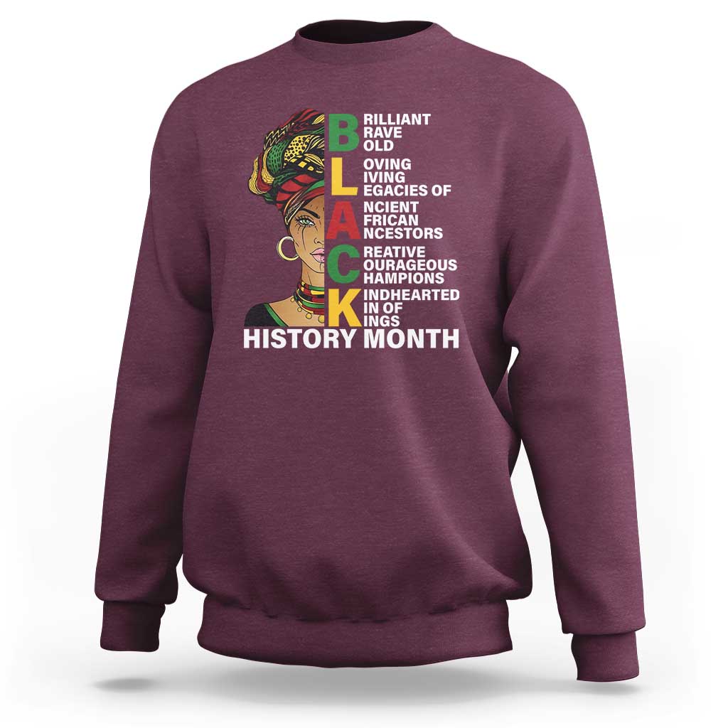 Maroon crewneck sweatshirt with multicolor African-inspired portrait and History Month text