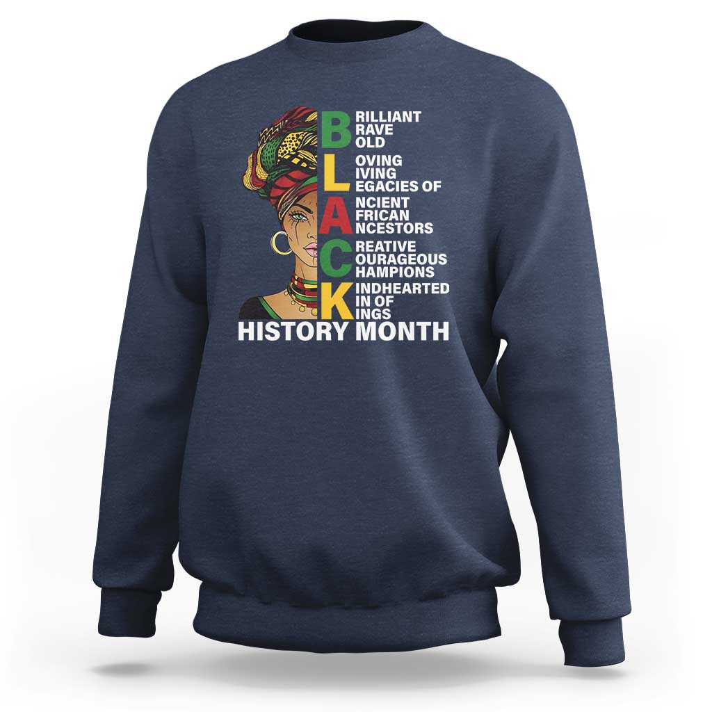 Navy blue crewneck sweatshirt with multicolor African-inspired portrait and History Month text