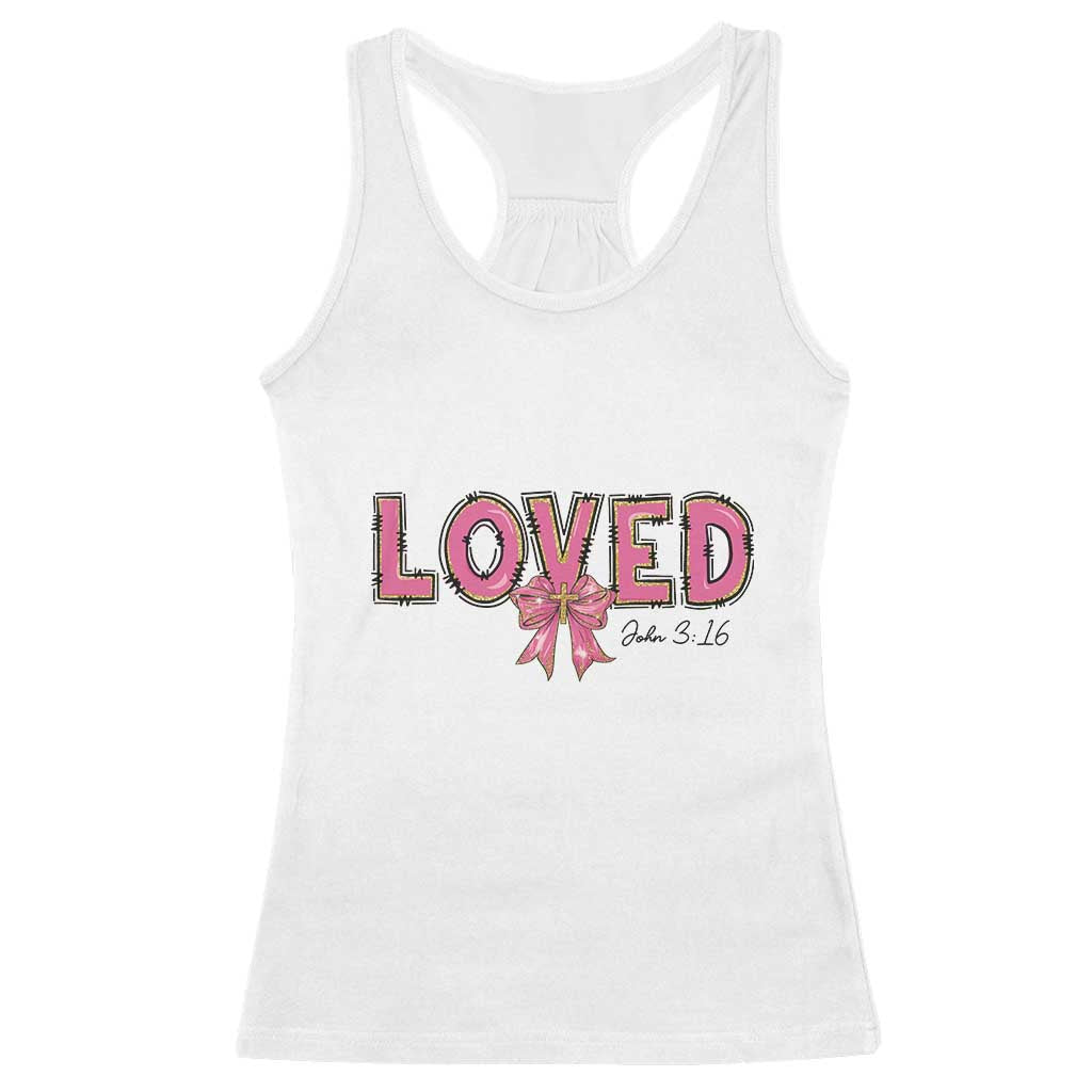 Loved John 3:16 Racerback Tank Top Christian Religious God Bible Verses Valentine's Day Pink Bow