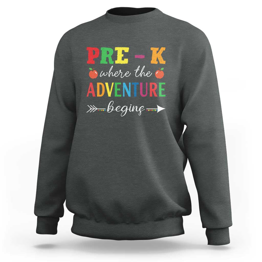 Back-to-school sweatshirt in charcoal with 'PRE-K where the adventure begin' print