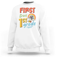 White kids sweatshirt with “First day 1st grade” front graphic and rainbow design