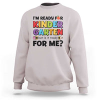 Light purple sweatshirt with front text graphic "I'm Ready for Kinder Garten".