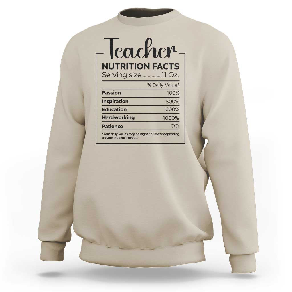 Teacher sweatshirt in ice gray with a nutrition facts style graphic on chest