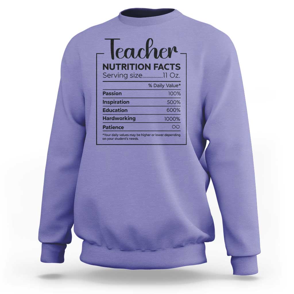 Teacher sweatshirt in violet with a nutrition facts style graphic on chest