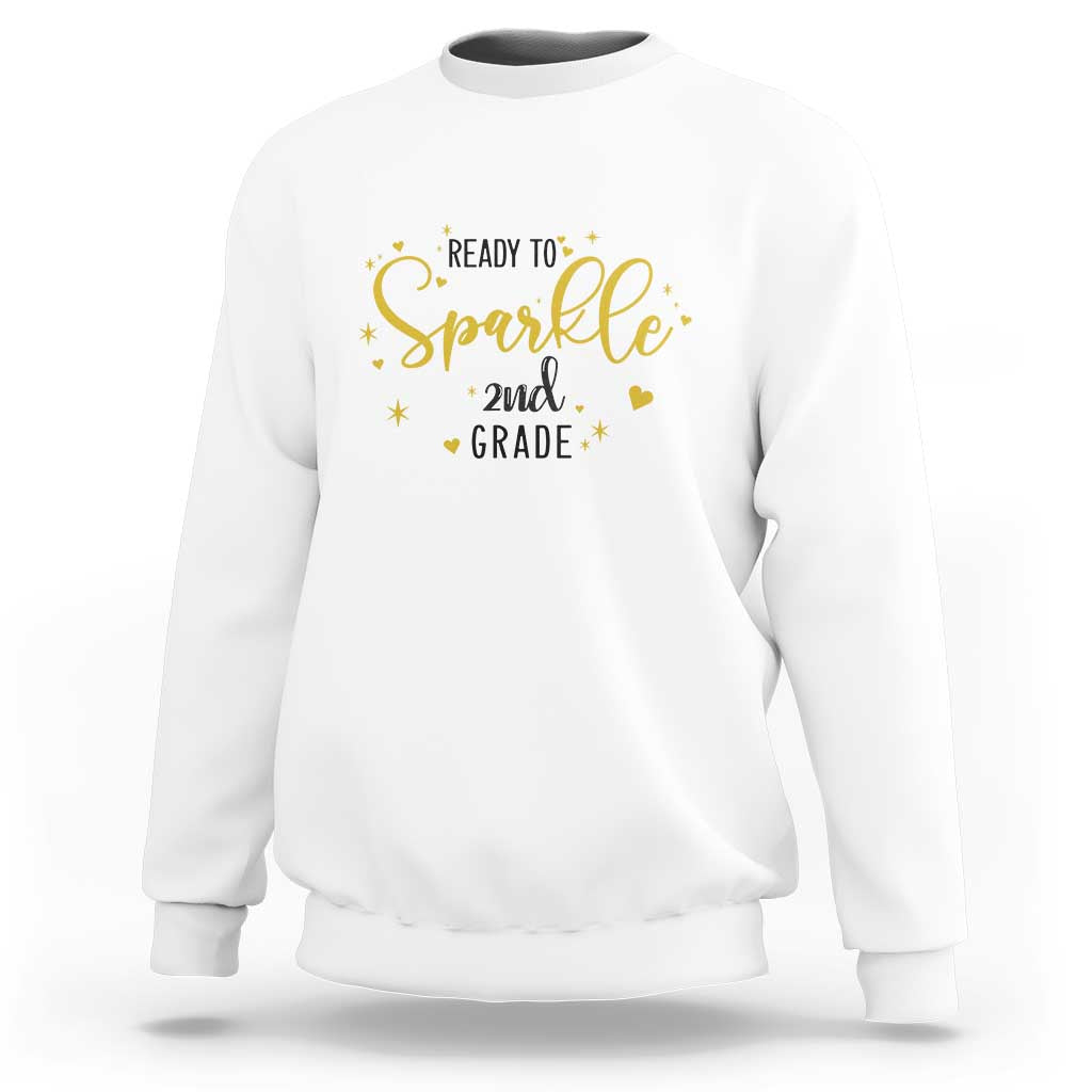 White crewneck sweatshirt with “Ready to sparkle 2nd grade” glitter-style design