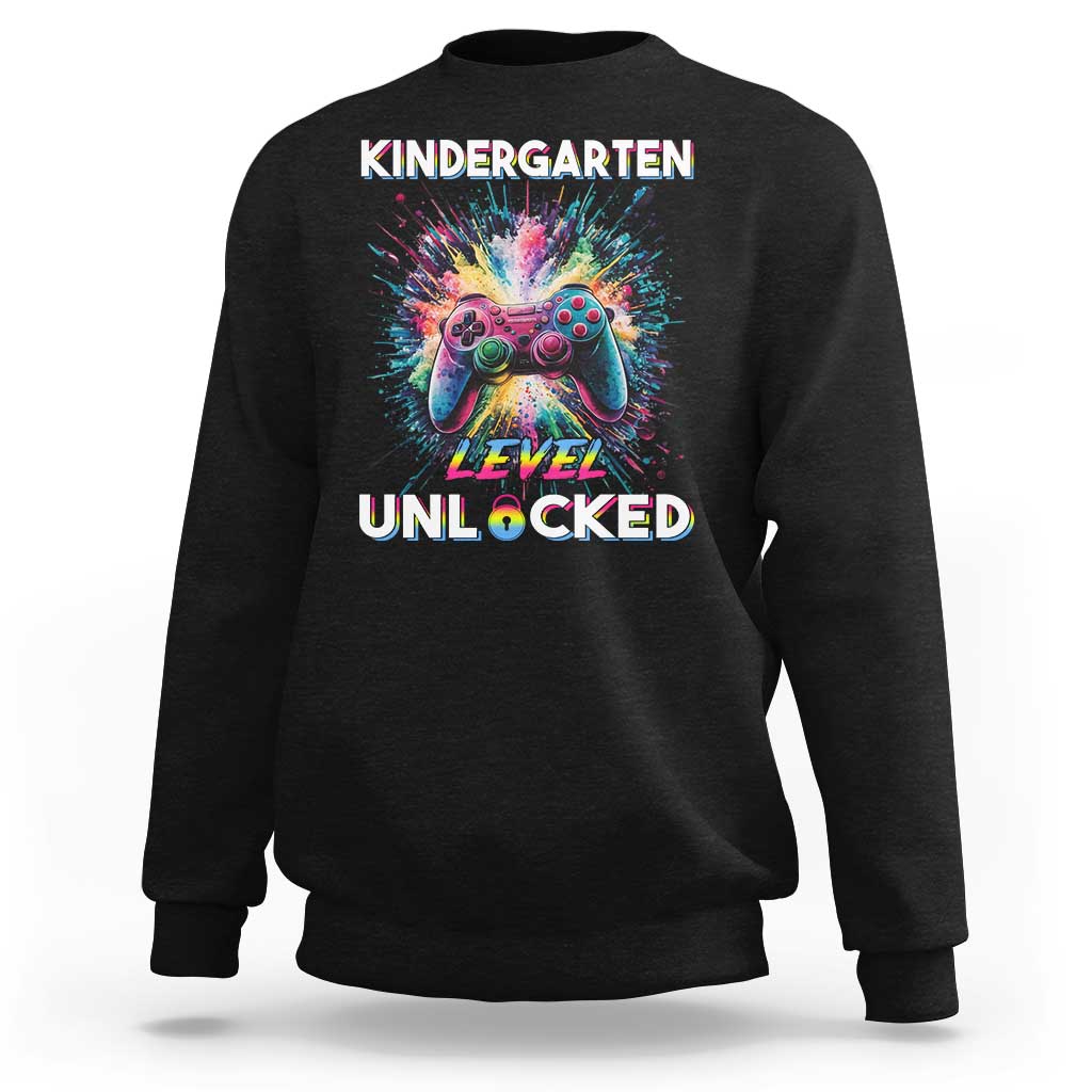 Black kids crewneck sweatshirt with game controller graphic and 'Level Unlocked' text