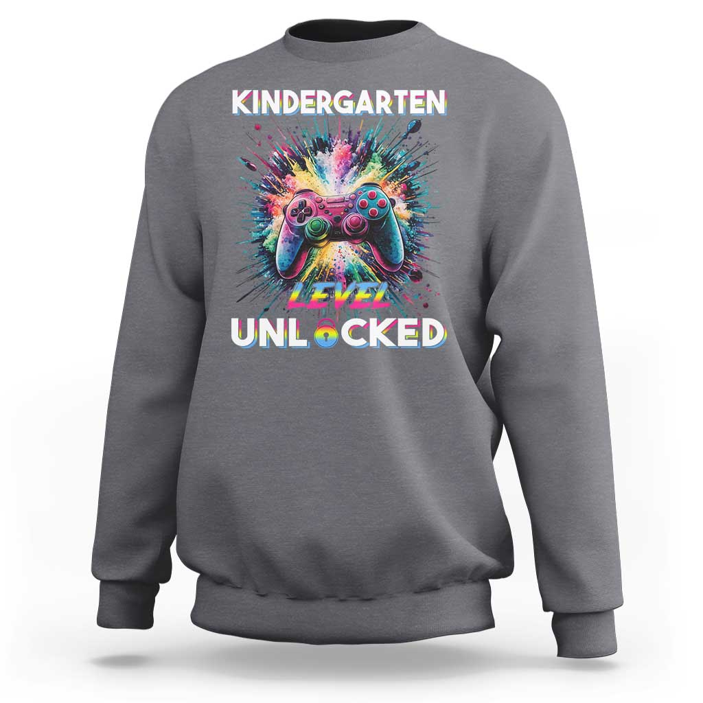 Charcoal gray kids crewneck sweatshirt with game controller graphic and 'Level Unlocked' text