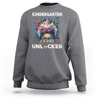 Charcoal gray kids crewneck sweatshirt with game controller graphic and 'Level Unlocked' text