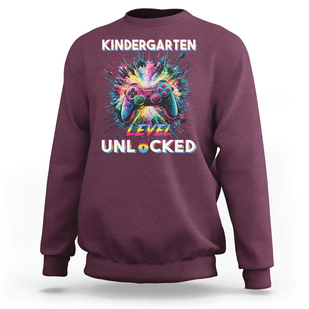 Maroon kids crewneck sweatshirt with game controller graphic and 'Level Unlocked' text