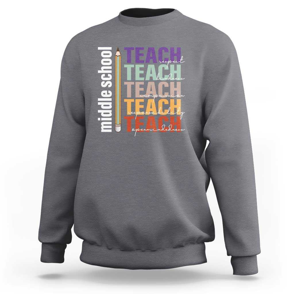 Charcoal teacher sweatshirt with back “Teach” graphic, crew neck, long sleeves