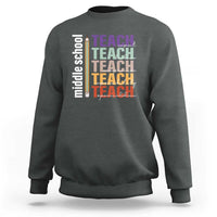 Dark heather teacher sweatshirt with back “Teach” graphic, crew neck, long sleeves