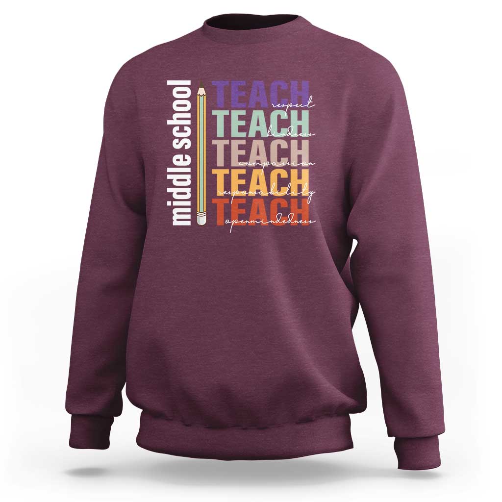 Maroon teacher sweatshirt with back “Teach” graphic, crew neck, long sleeves