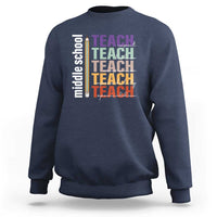 Navy teacher sweatshirt with back “Teach” graphic, crew neck, long sleeves