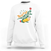 White sweatshirt with Teacher Saurus dinosaur graphic and pencil, crew neck