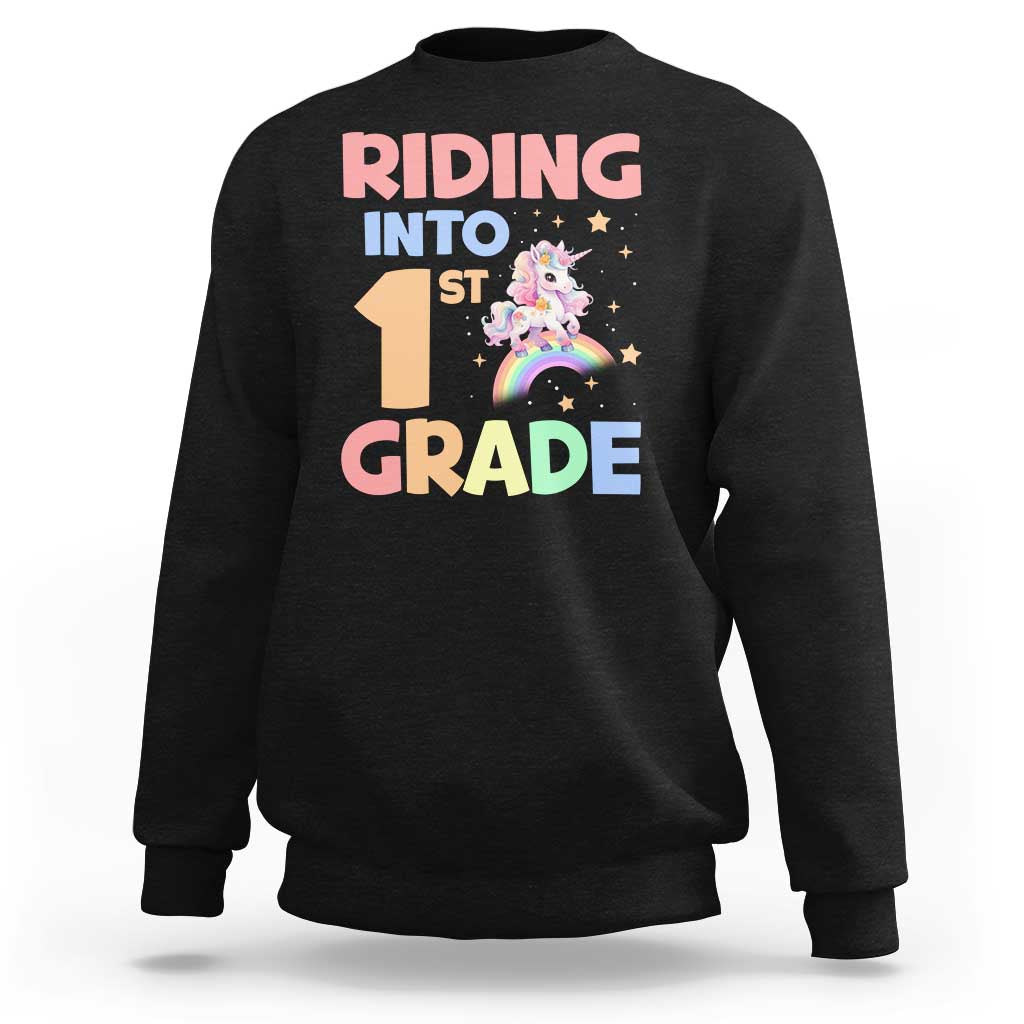 Unicorn graphic kids sweatshirt in black, front “1st Grade” riding print