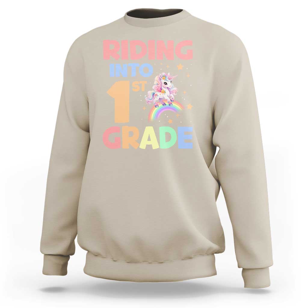 Unicorn graphic kids sweatshirt in tan, front “1st Grade” riding print