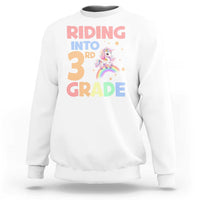 White sweatshirt with unicorn rainbow “Riding into 3rd Grade” front print