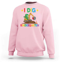 Kids light pink sweatshirt with “I DIG” dinosaur construction graphic and “KINDERGARTEN” text