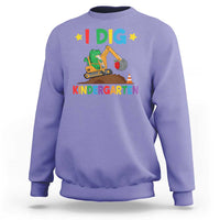 Kids purple sweatshirt with “I DIG” dinosaur construction graphic and “KINDERGARTEN” text