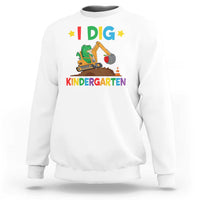 Kids white sweatshirt with “I DIG” dinosaur construction graphic and “KINDERGARTEN” text