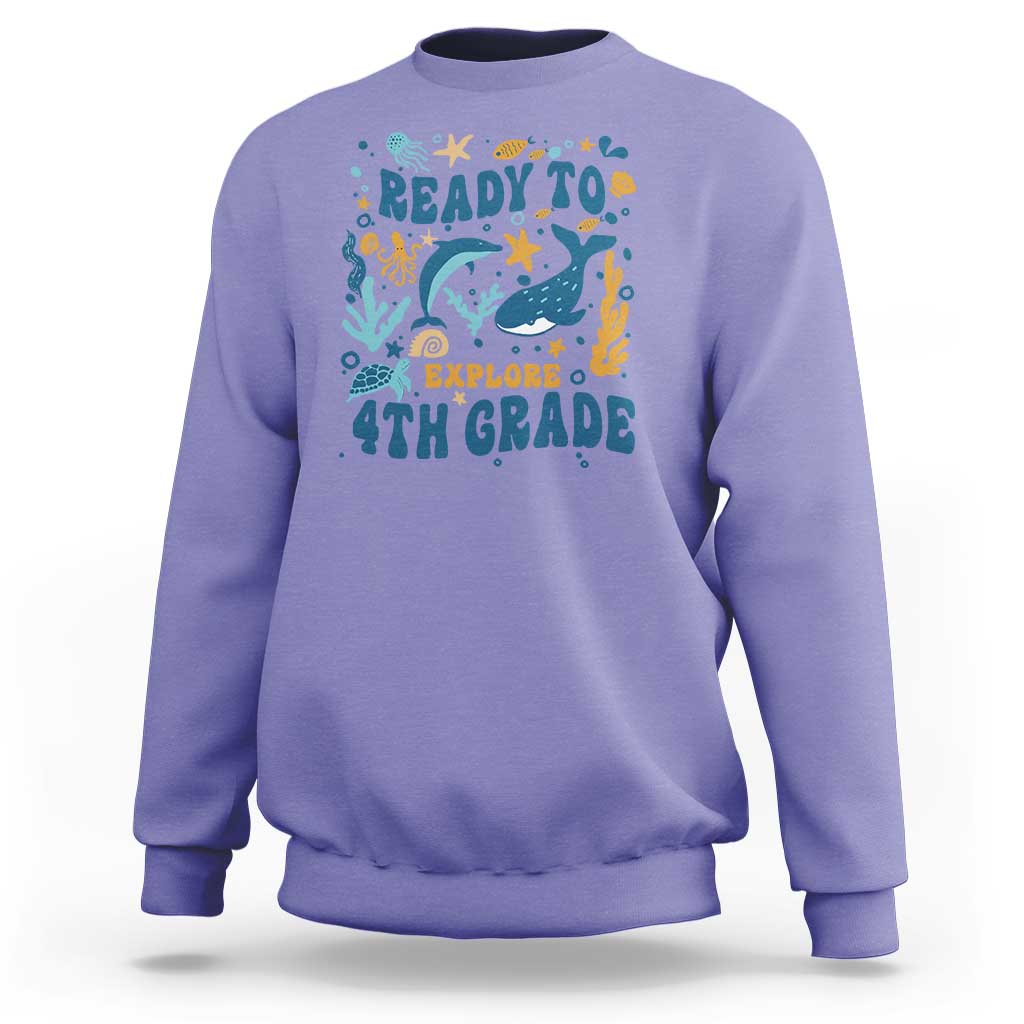 Violet sea-animal 4th grade sweatshirt with “Ready to Explore” front graphic