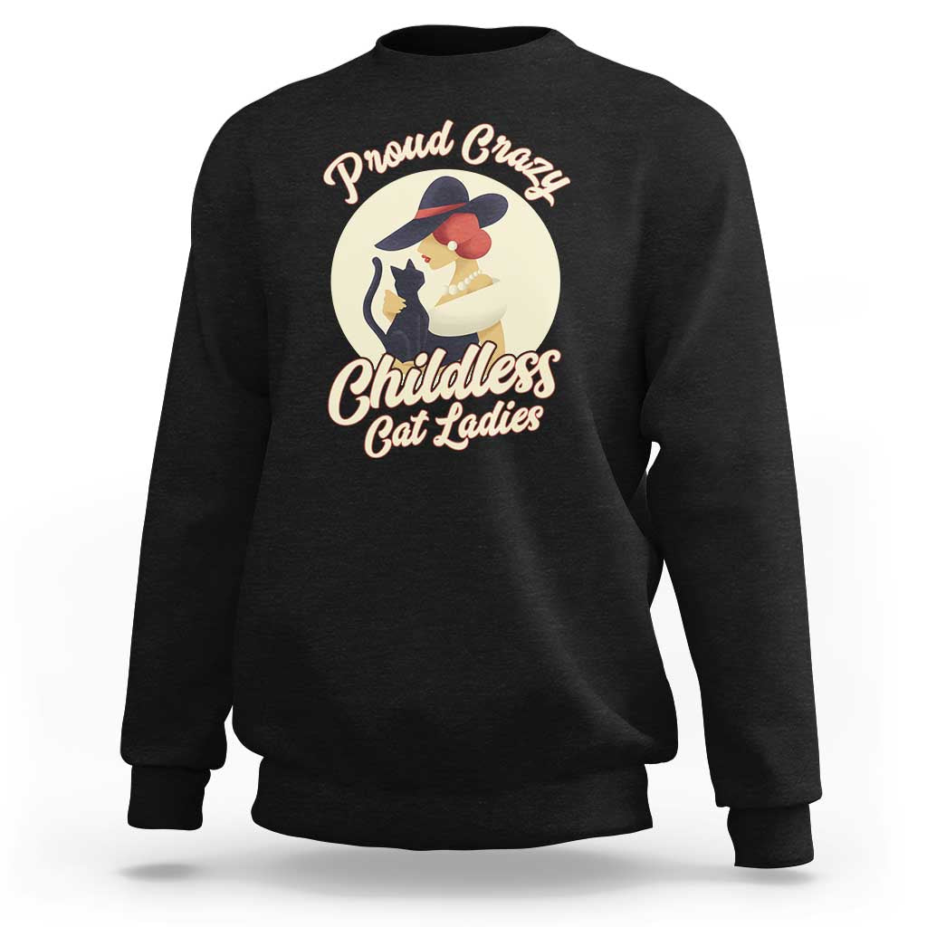 Black crewneck sweatshirt with cat lady graphic on the chest