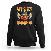 Black crewneck sweatshirt, back graphic pumpkin with 'Let's Get Smashed'