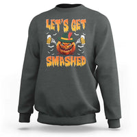 Dark charcoal crewneck sweatshirt, back graphic pumpkin with 'Let's Get Smashed'