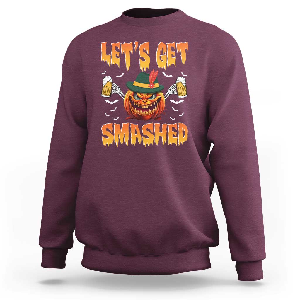 Purple crewneck sweatshirt, front graphic pumpkin with 'Let's Get Smashed'