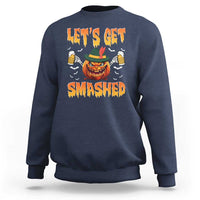 Navy crewneck sweatshirt, back graphic pumpkin with 'Let's Get Smashed'