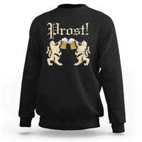 Black crewneck sweatshirt with “Prost!” graphic, beer mugs, and lions on chest