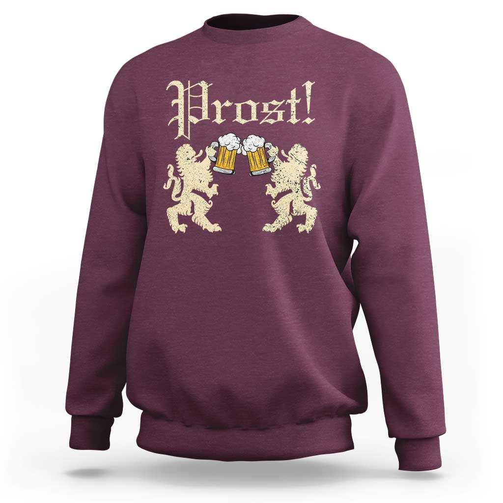 Maroon crewneck sweatshirt with “Prost!” graphic and beer mugs between lions