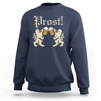 Navy crewneck sweatshirt with “Prost!” graphic and beer mugs between lions