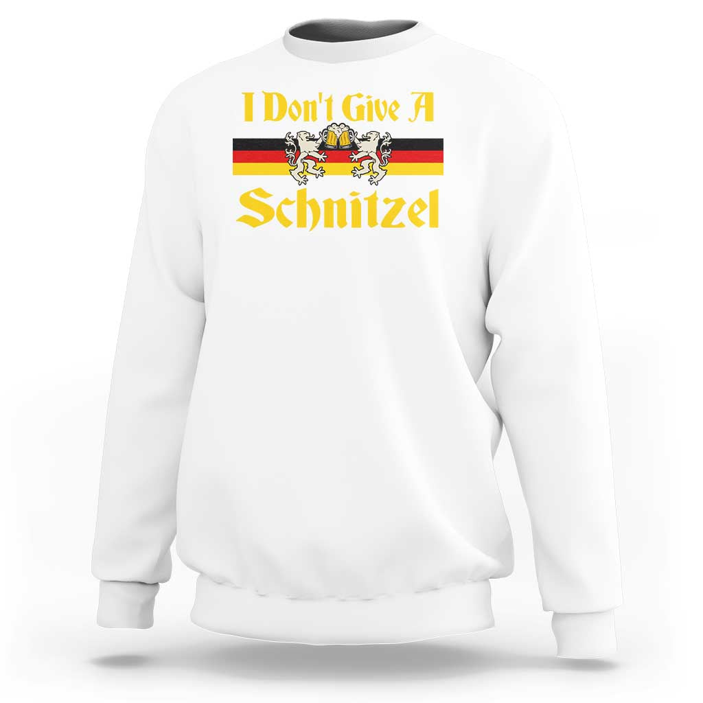 White crewneck sweatshirt with 'I Don't Give a Schnitzel' graphic