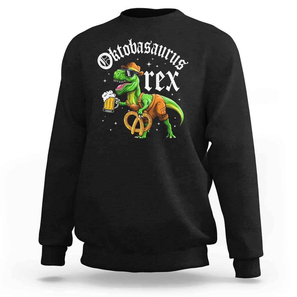Black crewneck sweatshirt with colorful dino Oktoberfest graphic on the chest