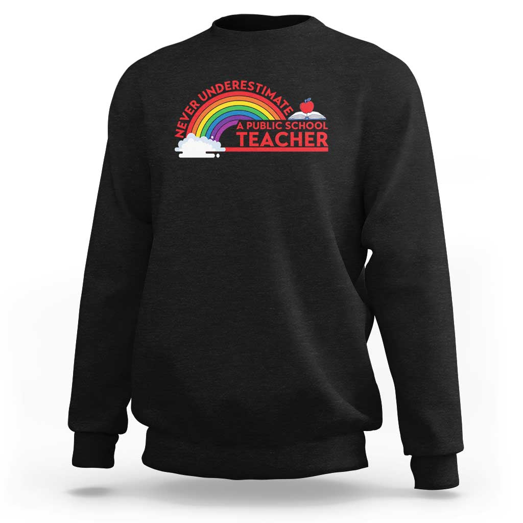 Black crewneck sweatshirt with “Never Underestimate” rainbow teacher graphic on chest
