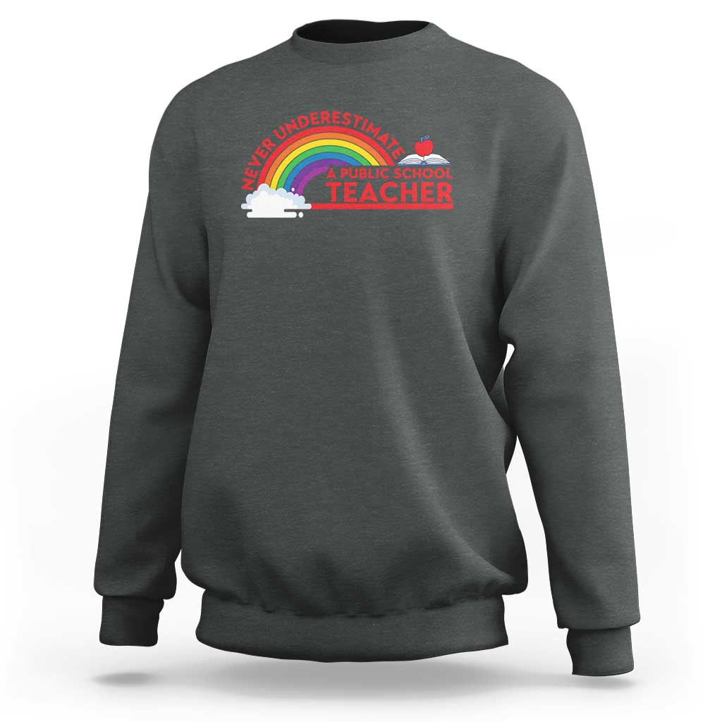 Charcoal gray crewneck sweatshirt with “Never Underestimate” rainbow teacher graphic on chest
