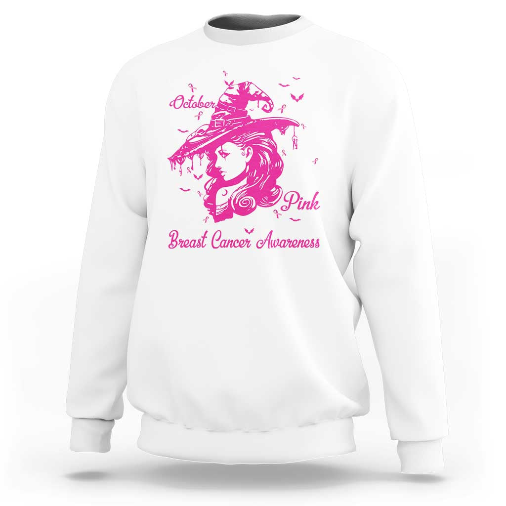 White sweatshirt with pink breast cancer awareness witch graphic on chest